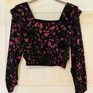 Bloomingdale's Black Floral Blouse with Ruffles